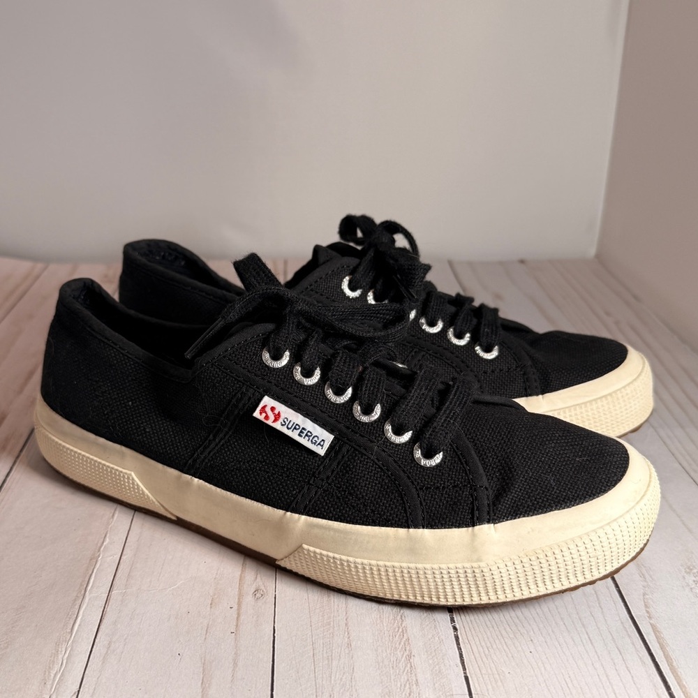 Superga Women's Black Canvas Sneakers with Cream Soles